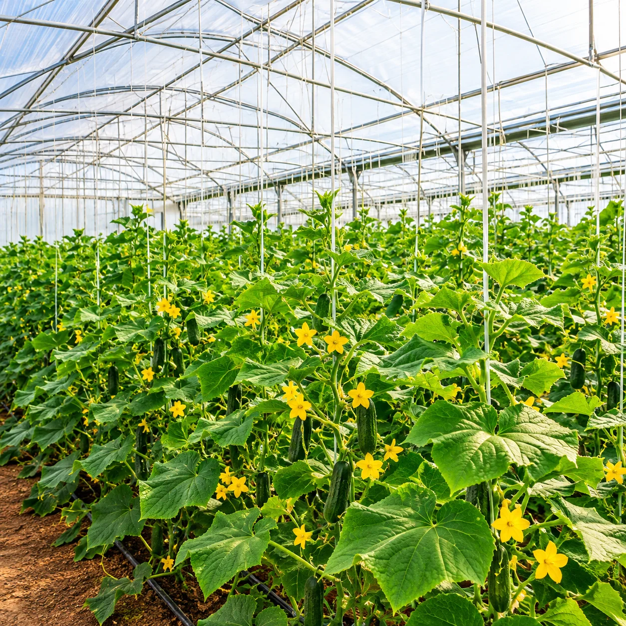 Lush Cucumber Vines in a Modern Greenhouse