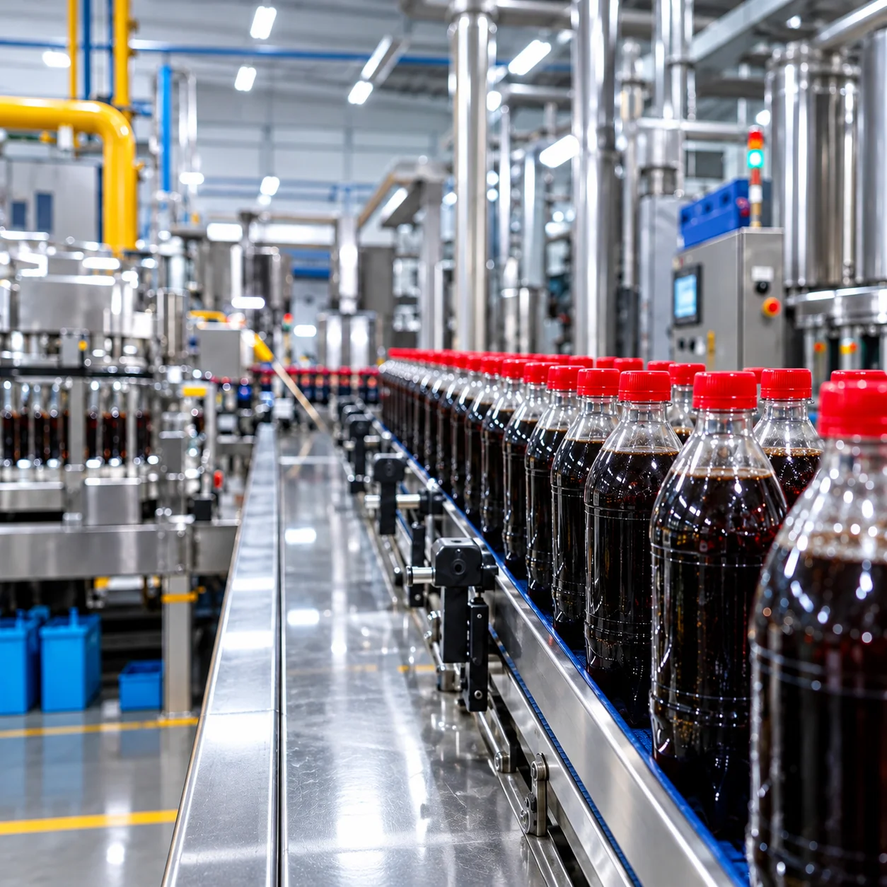 Red Capped Bottles on the Factory Line