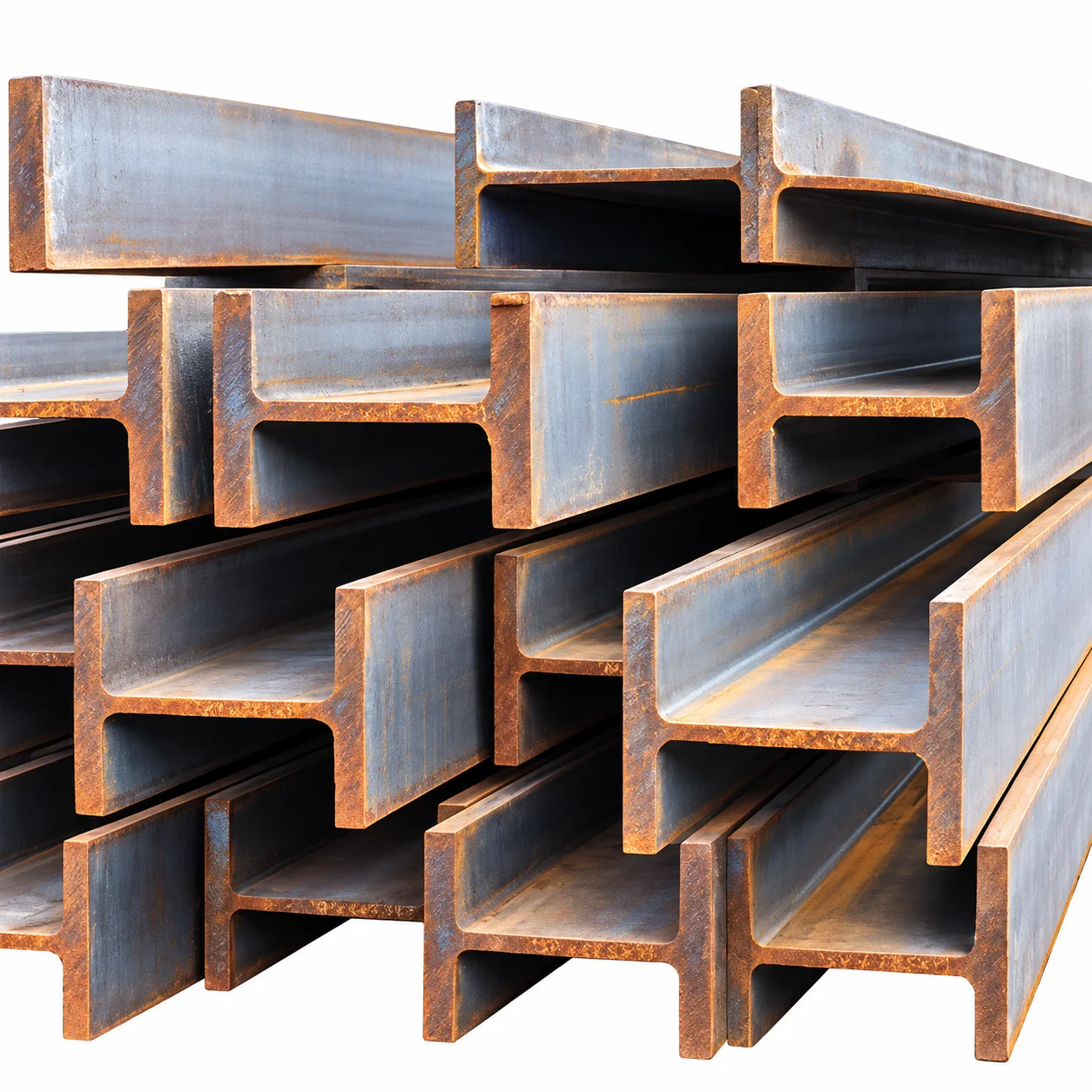 Stacked Steel H Beams on White